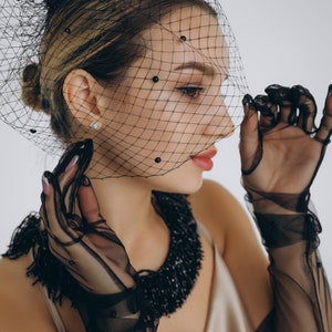 Black Birdcage Veil With Pearls On The Comb.