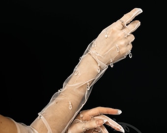 Tulle Gloves With Crystals Pendants For Wedding or Party.