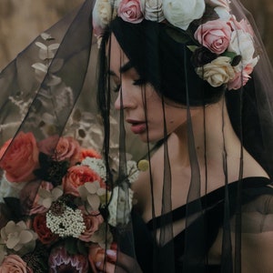 Black Wedding Veil with Handmade Flower Wreath