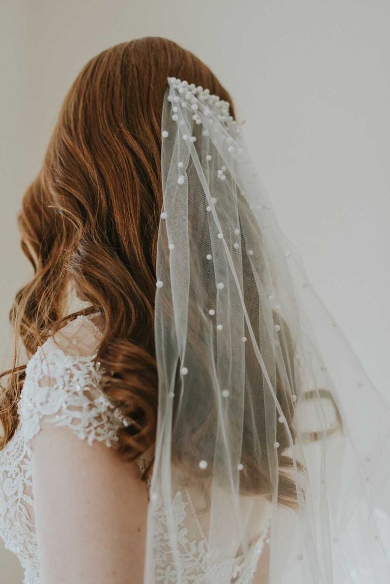 Wedding veil with pearls, veil, veils, long veil, fingertip veil, beaded veil, pearl veil, champagne veil, ivory veil, wedding, white veil image 4