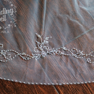 Floral Embroidered Wedding Veil: Beaded Tulle, Ivory White