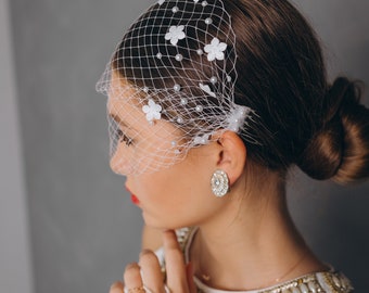 Birdcage Veil With Pearls And Little Flowers On The Two Combs.