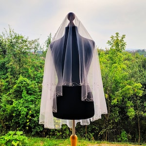 Handmade Beaded Wedding Veil: Two-Layer Tulle, Pearls