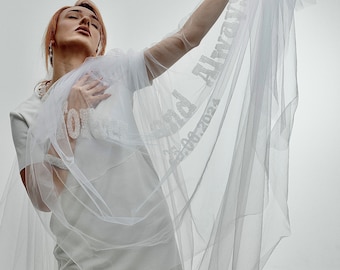 The Veil For The Bride Is Embroidered With Crystal. A Unique Wedding Veil Personalized With Words.