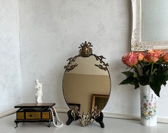 Rococo Brass Wall Mirror with Woman's Head and Ribbon Detail - Oval Hanging Mirror for Vintage Home Decor, 15.7 Inch Frame