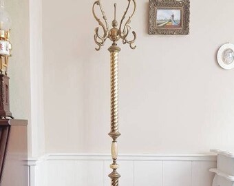 Vintage Standing Coat Rack - Brass Stand with 5 Hooks - Hall Tree Hollywood Regency - Entryway Stand Rack - Marble Basse Coat Rack