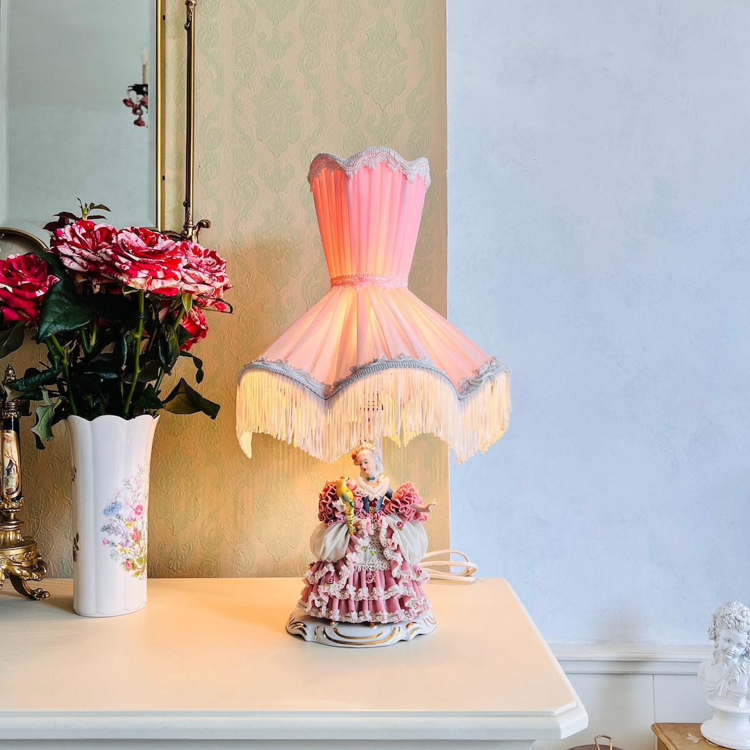 Dresden Lace Porcelain Table Lamp With Victorian Lady Figurine and