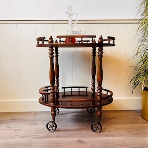 Mid Century Wood Bar Cart – Carved Rolling Trolley, 1960s Side Table with Bottle Holder