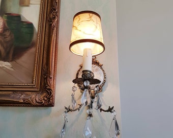 Vintage Pair of Wall Sconces, Crystal Drops, Porcelain Medallion Lamps, Wall Light, Home décor, Bronze Ribbons