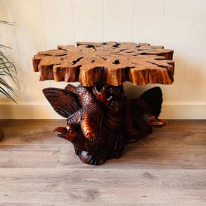 Hand-Carved Wood Coffee Table with Eagle and Snake Motif – Rustic Statement Piece