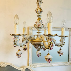 Capodimonte Porcelain Chandelier with Pink Roses – 5 Arm Romantic Ceiling Light
