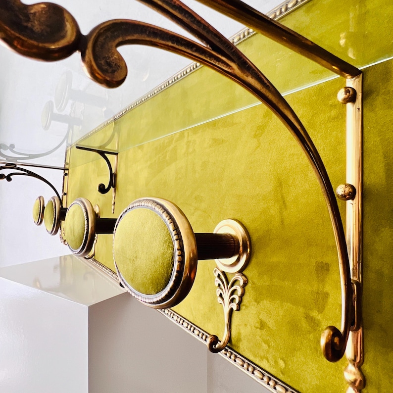 Wall-mounted Green Velvet Coat Rack With Brass Accents and Glass Shelf ...