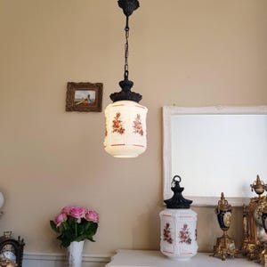 Pair of Art Deco Opaline Glass Pendant Lights – White Skyscraper Ceiling Lamps