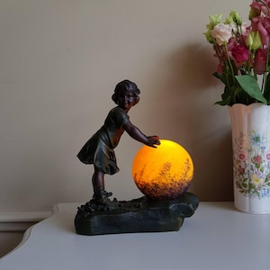 Art Nouveau Style Table Lamp with Moon Shade and Girl Statue – Art de France Vintage Lighting