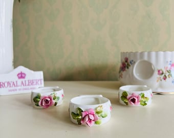 Porte-serviettes Royal Albert Bone China Angleterre « Moss Rose », lot de 3 ronds de serviette en porcelaine, difficile à trouver vintage