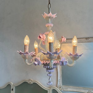 Pink Murano Glass Chandelier – Italian Art Glass Pendant Light, Handcrafted Mid Century Ceiling Fixture