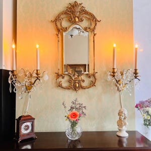 Pair of French Crystal Wall Sconces – Art Nouveau Style Lighting with Brass Arms