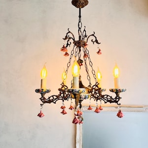 Porcelain Chandelier with Pink Roses – 5 Arm Capodimonte Style Light Fixture