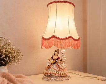 Vintage Dresden lace porcelain lamp, Victorian Style, bedside table lamp, made in Germany, home lighting