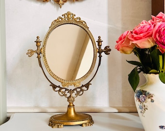 Vintage French Brass Swivel Vanity Mirror, Art Nouveau Style