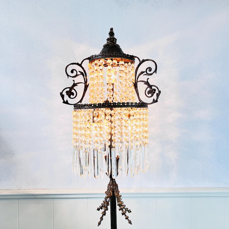 Empire Style Brass Floor Lamp with Crystals, Antique Freestanding Light, 4-Bulb Vintage Lighting for Elegant Home Decor image 1