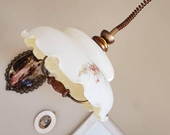 Opaline Glass Pull Down Pendant Light with Wood Handle – Mid Century Ceiling Lamp