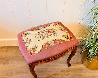 Vintage Queen Anne Style Walnut Stool, Tapestry Vanity Bench