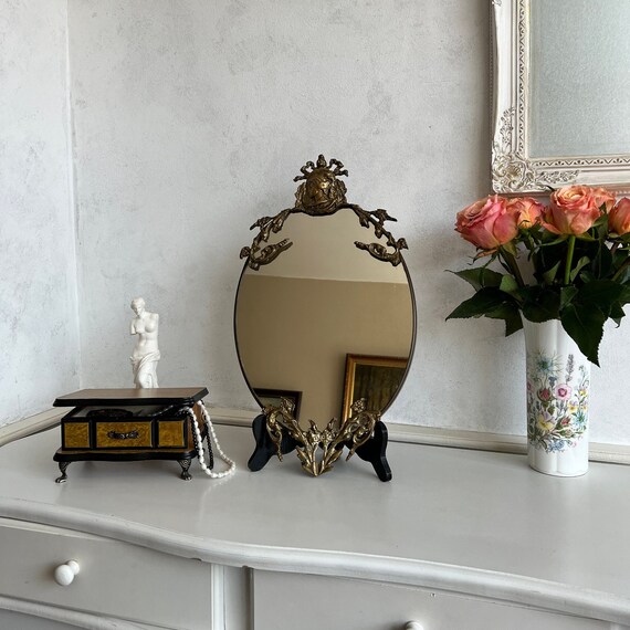 Rococo Brass Wall Mirror with Woman's Head and Ribbon Detail - Oval Hanging Mirror for Vintage Home Decor, 15.7 Inch Frame