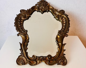 Espejo de tocador de cristal de bronce francés con vidrio biselado, espejo de caballete ovalado independiente para tocador o mesa de maquillaje