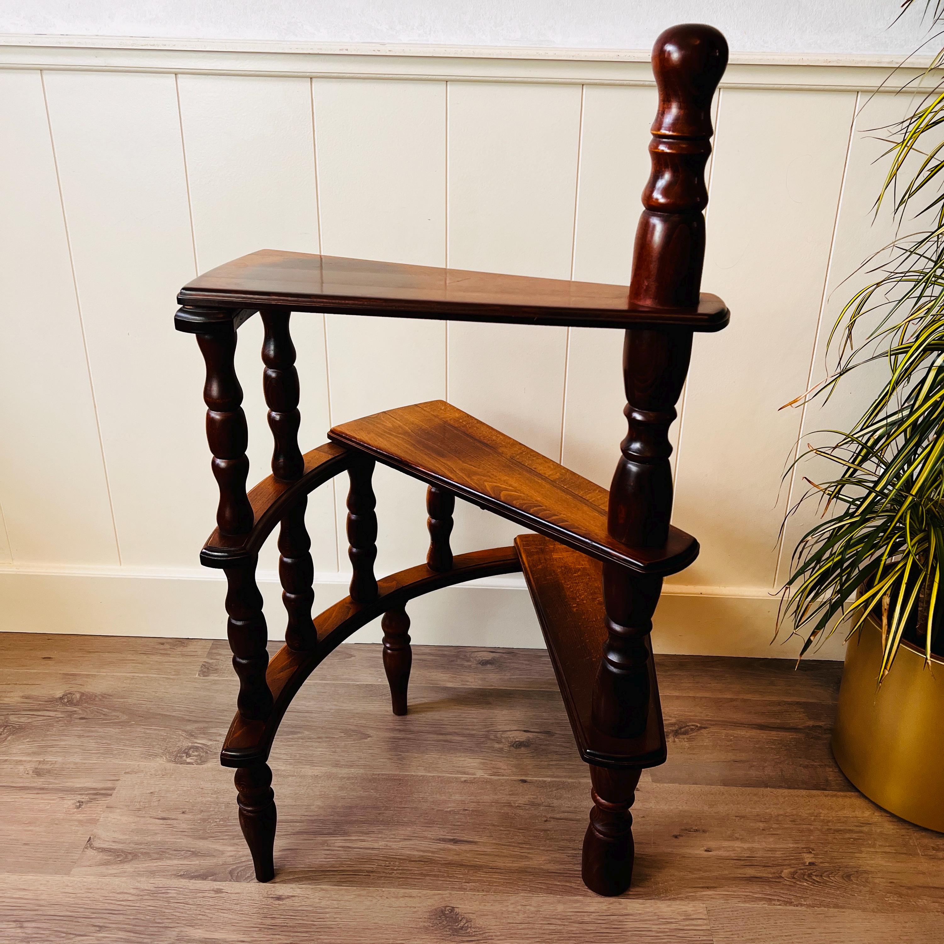 Carved Wood Library Step Ladder – Three-tier Spiral Design