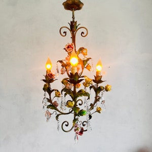 Stunning French Chandelier, Porcelain Roses, 3 Lights Chandelier, Home Lighting