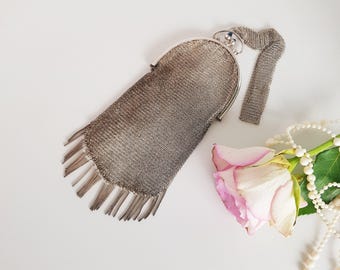 Antike Silber Mesh Armband Geldbörse aus den 1920er Jahren - Flapper Style Abendtasche mit 800er Silber Punzierung und Patina