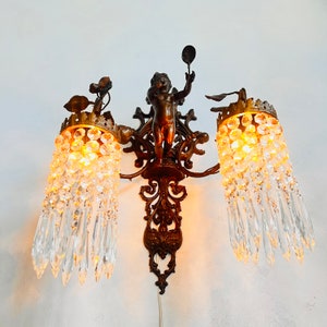 French Brass Cherub Wall Sconce – 2 Arm Candle Light with Crystal Prisms