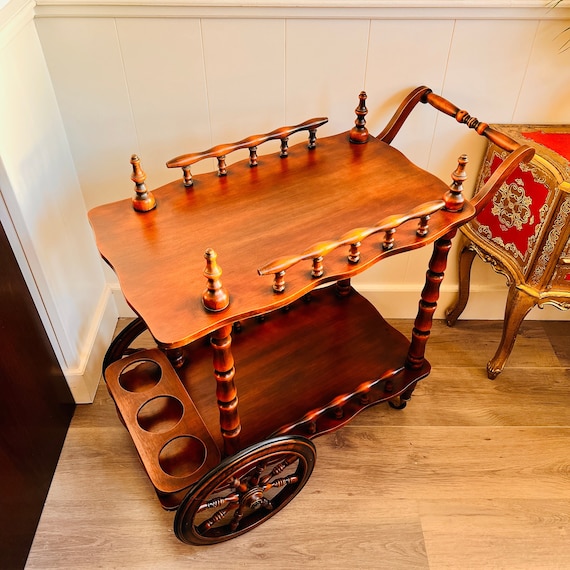 Vintage Wood Rustic Bar Cart Mid Century Serving Trolley Wooden
