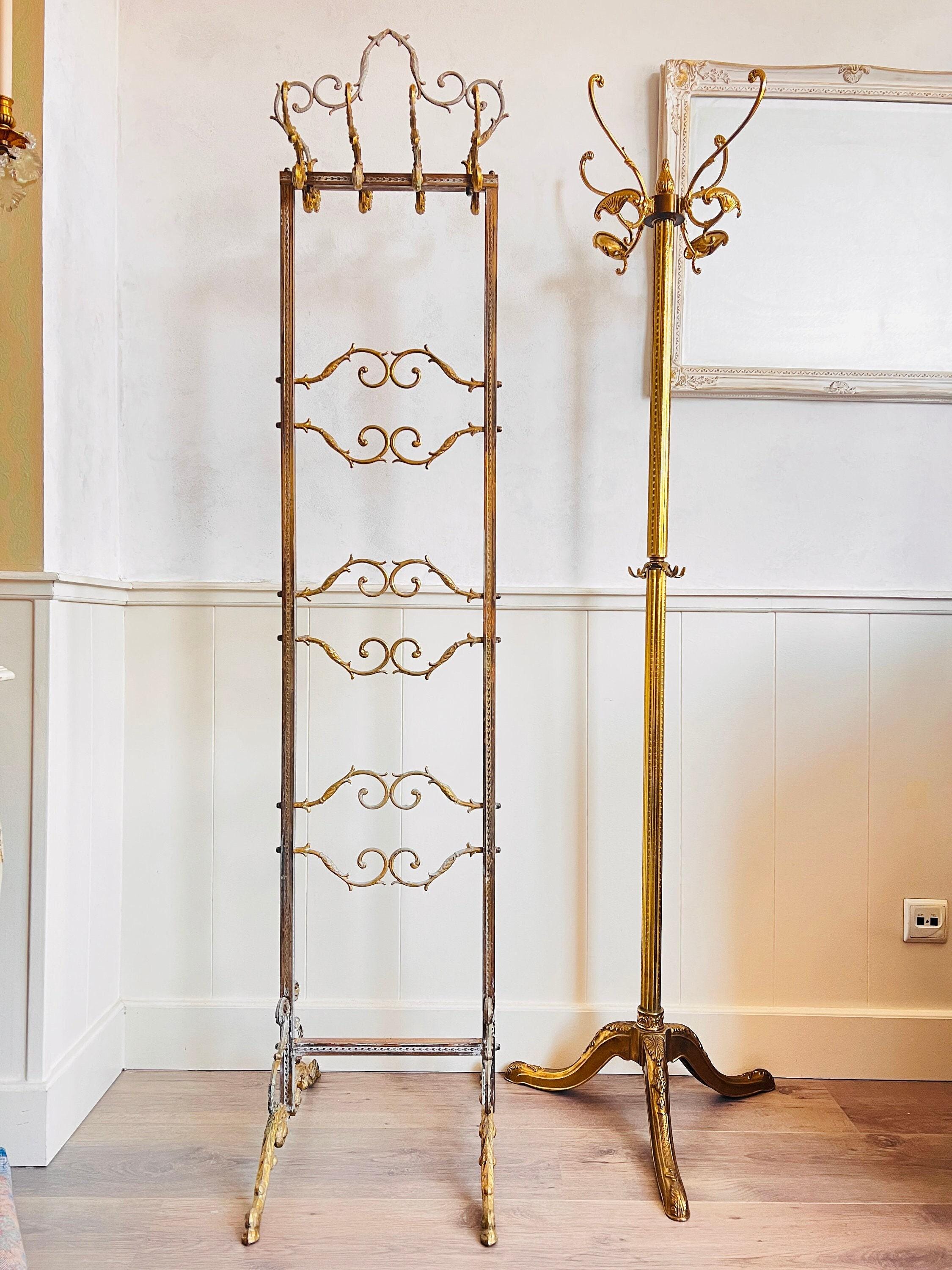 Hollywood Regency Double Hall Tree – Brass Standing Coat Rack, 60s Glam Metal Hat Stand