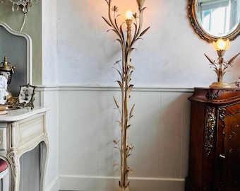 Brass and Glass Torchère Floor Lamp | Hollywood Regency Glam Lighting | Mid-Century Art Deco Style | Tall Vintage Statement Piece