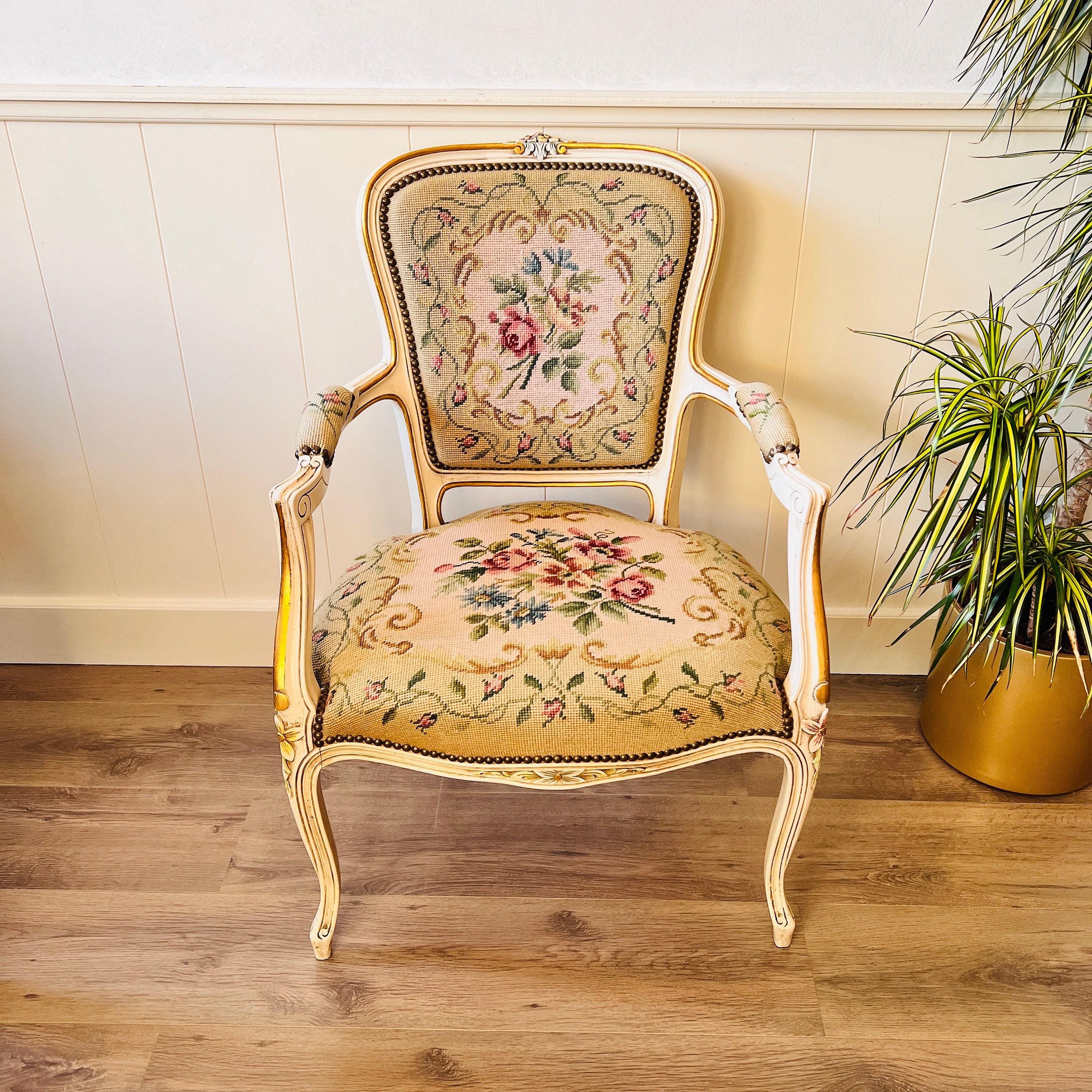 French Louis XV Tapestry Armchair With Gold Painted Details and