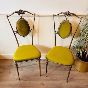 Pair of Italian Brass Boudoir Chairs – Hollywood Regency Baroque Style