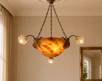 Lustre en laiton français avec abat-jour satiné Vianne - Luminaire à 6 ampoules en verre à volants