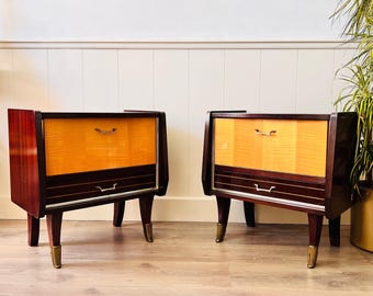 Mid Century Wood Veneer Cabinets Pair, 50s 60s Retro Nightstands or Side Tables, Plywood Vintage Storage with Patina