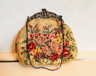 Antique Silver Petit Point Evening Purse – Hallmarked Handbag with Floral Needlework