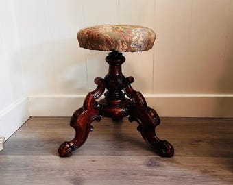 Sgabello vittoriano in legno per pianoforte – Sedile rotondo regolabile con gambe tornite
