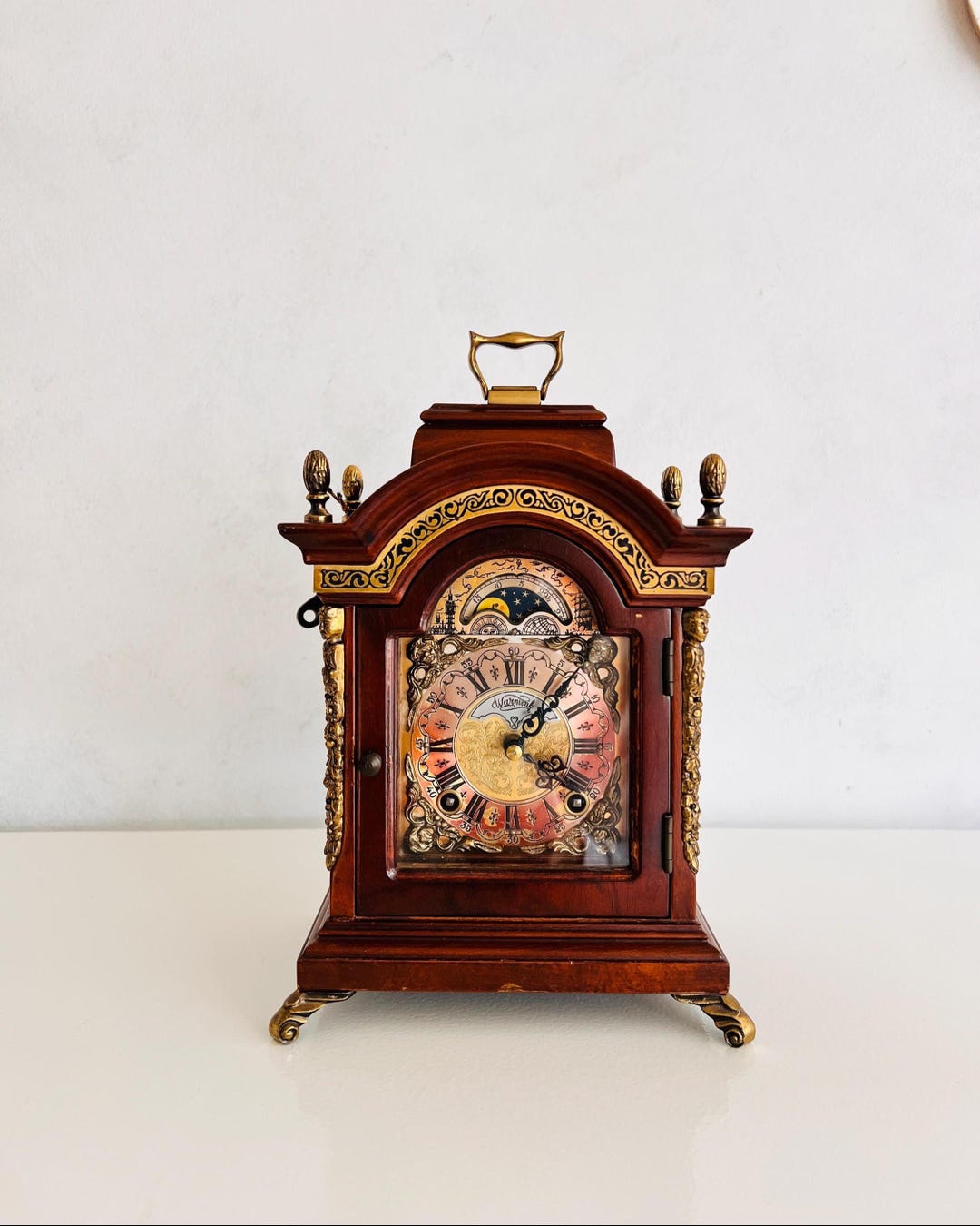 Vintage Warmink Mantel Clock, Wuba Table Clock, Moon-phase, and