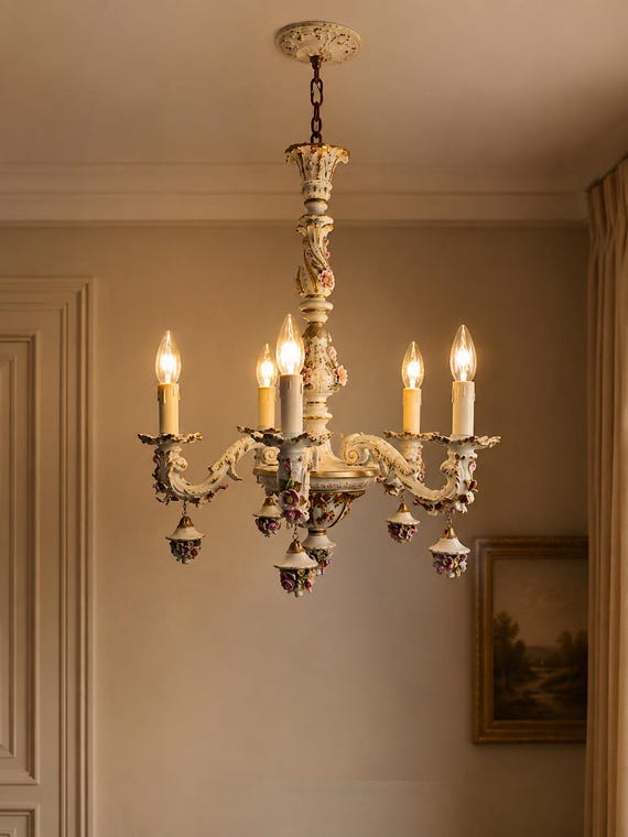 Capodimonte Porcelain Chandelier, 5 Arm, Pink Roses, Italian