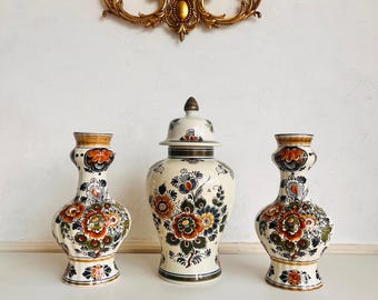 Ceramic Delft Polychrome Ginger Jar Trio with Lidded Urn Vase - Hand Painted Holland Set - Colorful Vintage Home Decor Accent