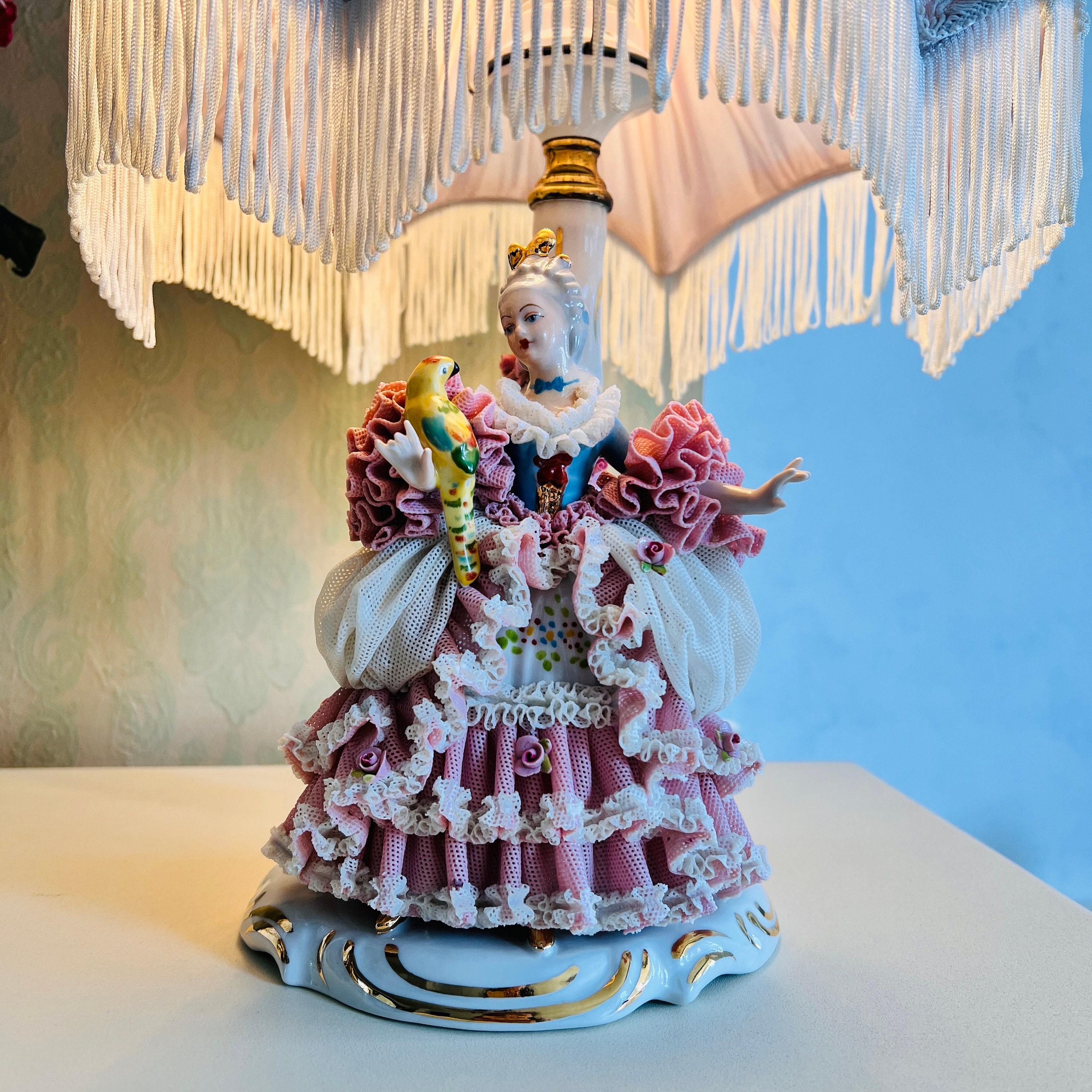 Dresden Lace Porcelain Table Lamp With Victorian Lady Figurine and