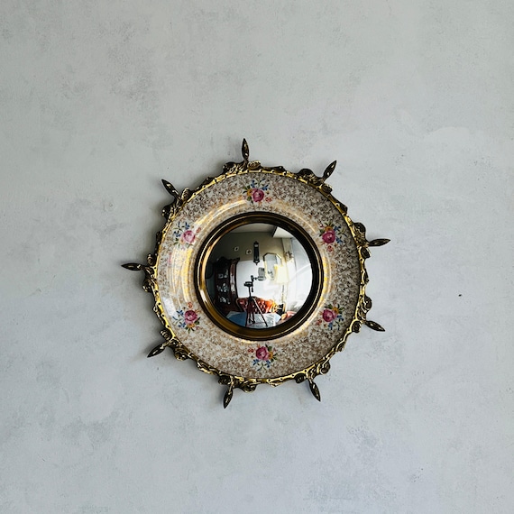Hollywood Regency Brass and Porcelain Convex Wall Mirror, 1930s Sunburst Style, Made in England, Rare Vintage Decor Piece