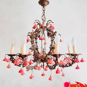 Floral Tole Chandelier – 8 Arm Light Fixture with Pink Roses, Romantic Cottage Style