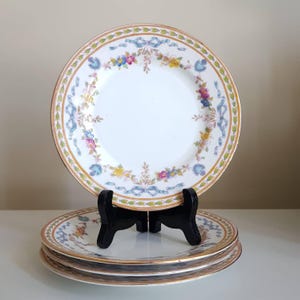 Regent China Dessert Plates – Set of 4, Blue Ribbons & Floral Garlands, English Vintage China