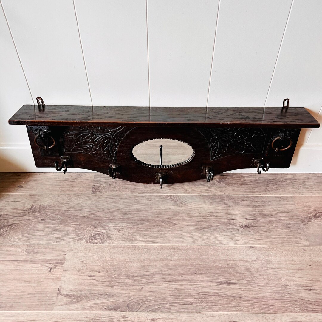 Wood Wall Shelf With Mirror and Hooks, Dutch Coat Rack With Beveled ...